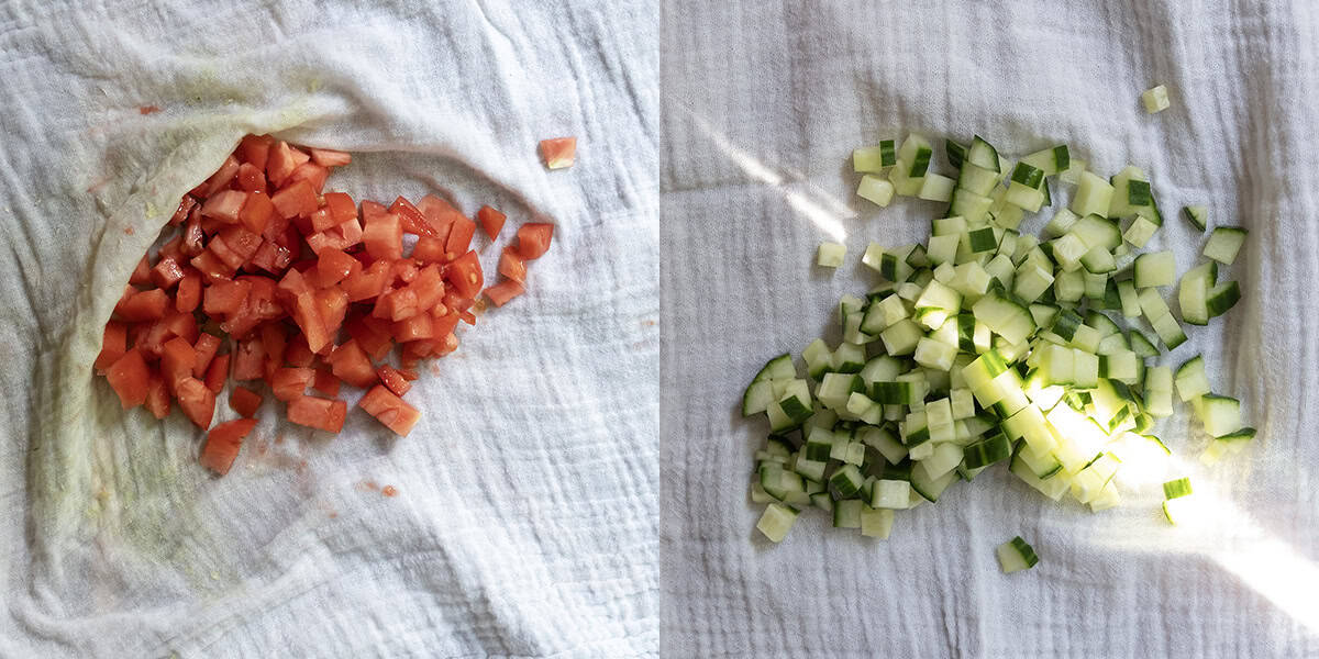 Cucumber and tomato on a cheesecloth