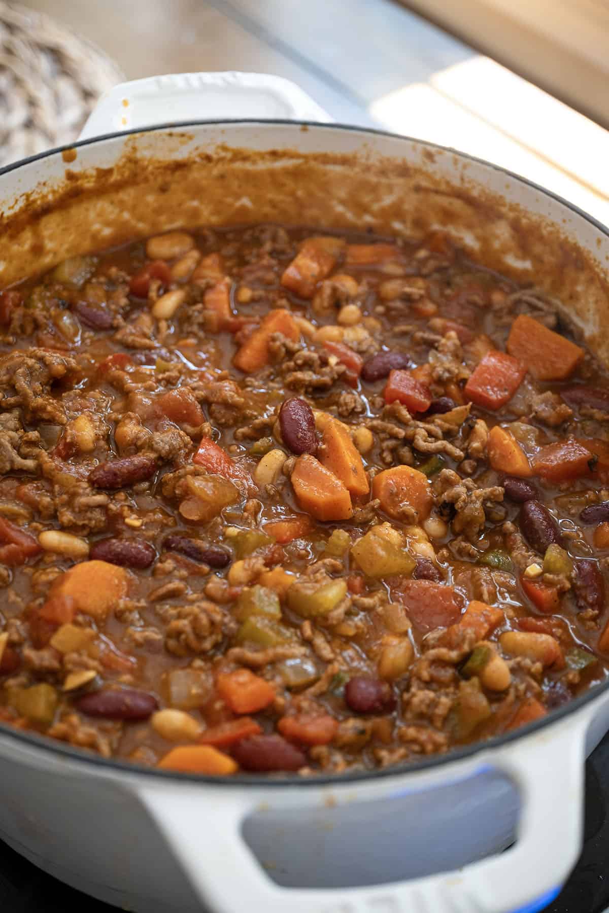 Pumpkin chili in a dutch oven.