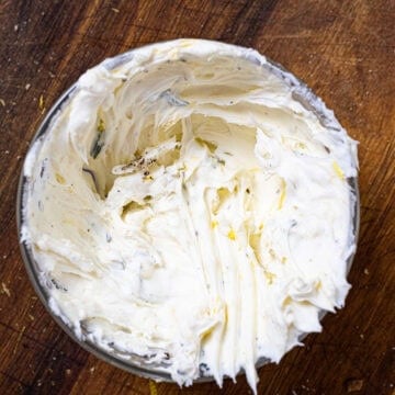 Mascarpone combined with thyme, lemon zest, and seasoning.