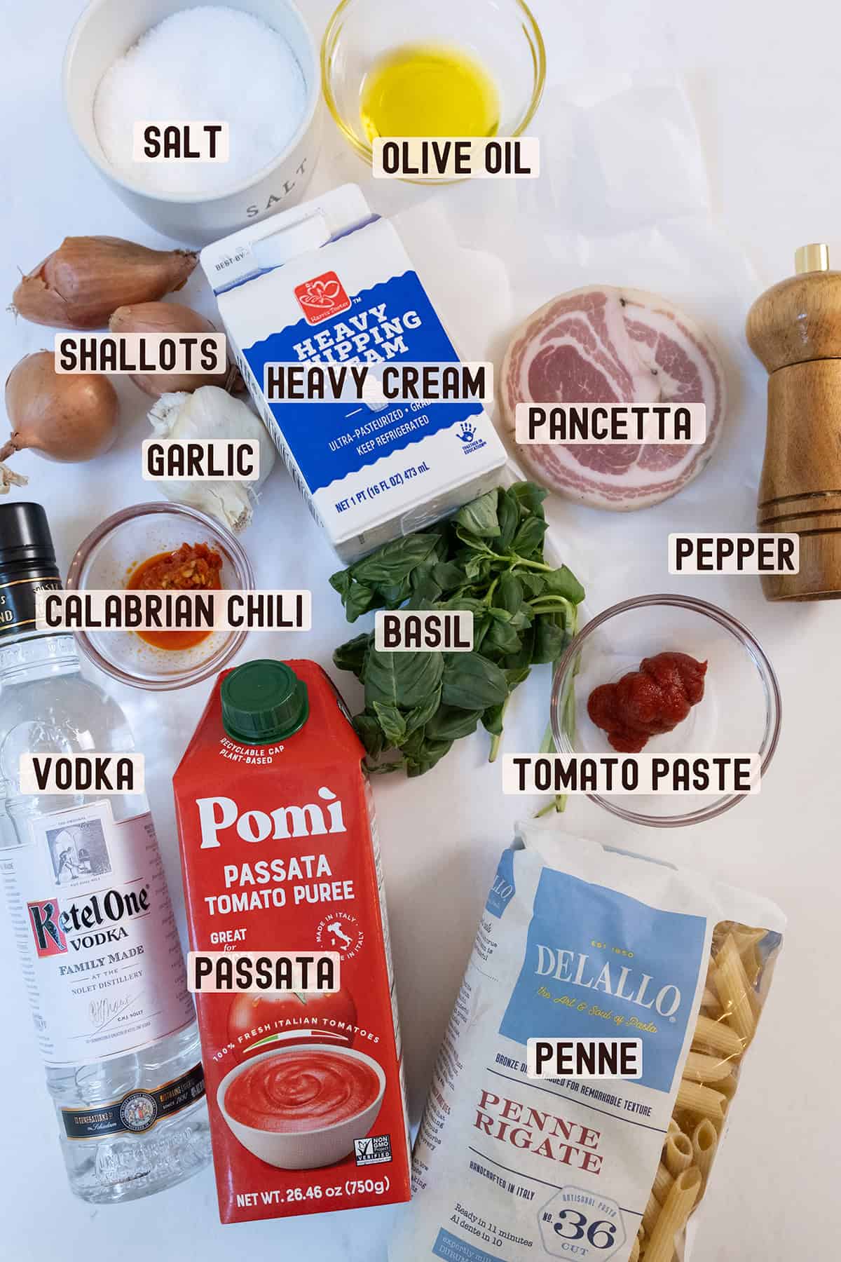 Ingredients for spicy vodka sauce.
