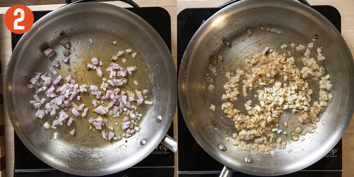 Sauteing shallots and garlic in a saucepan.