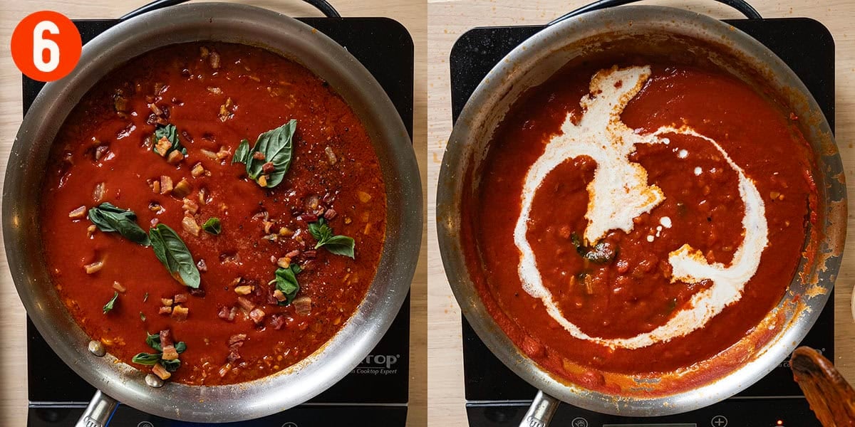 Combining basil, pancetta, and heavy cream with sauce.