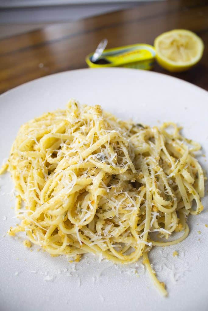 Close up of garlic anchovy pasta