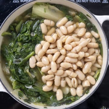 Beans and broth added to dutch oven.