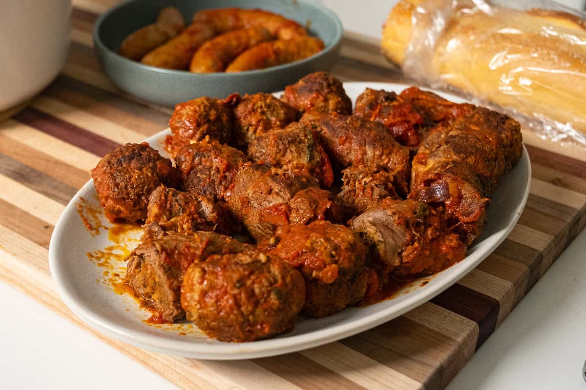 Braised meat from the sunday sauce on a plate.