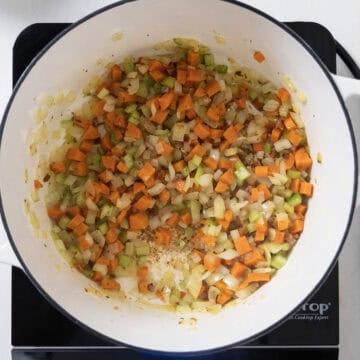 Sofrito sauteing in the dutch oven. 