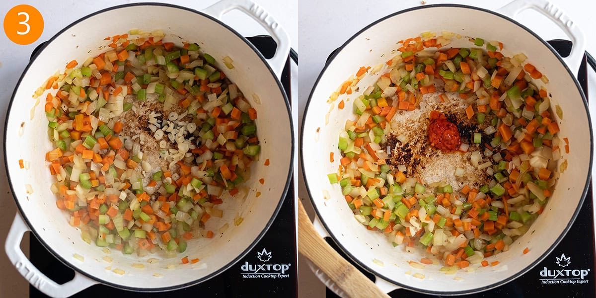 Sauteing garlic and calabrian chili peppers with vegetables.