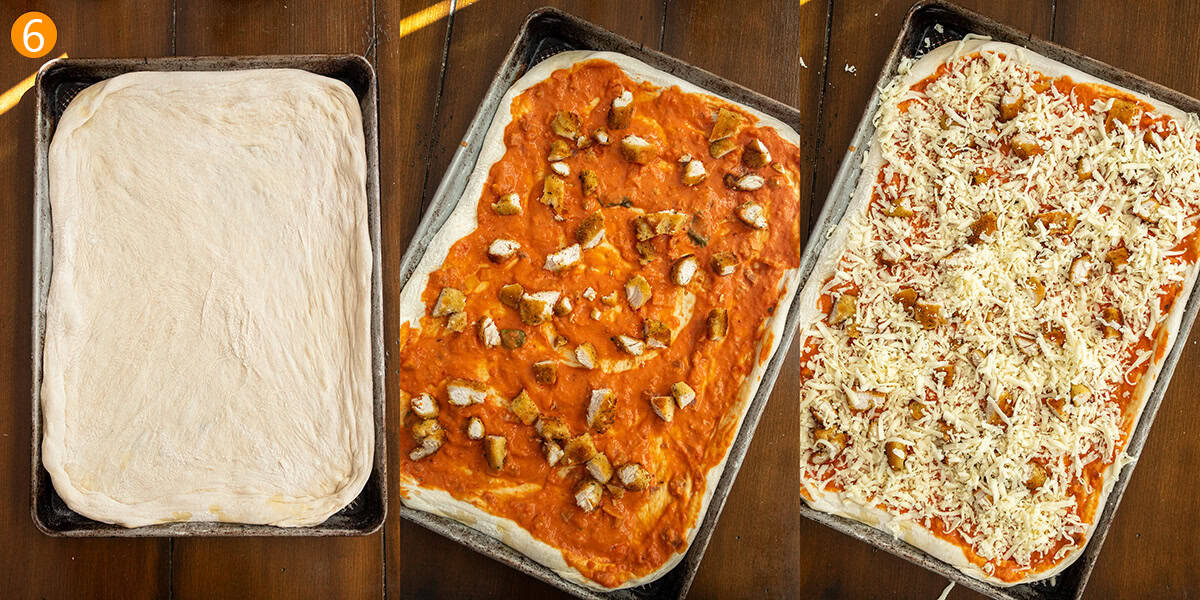 Stretching out dough and topping with sauce, chicken, and cheese.