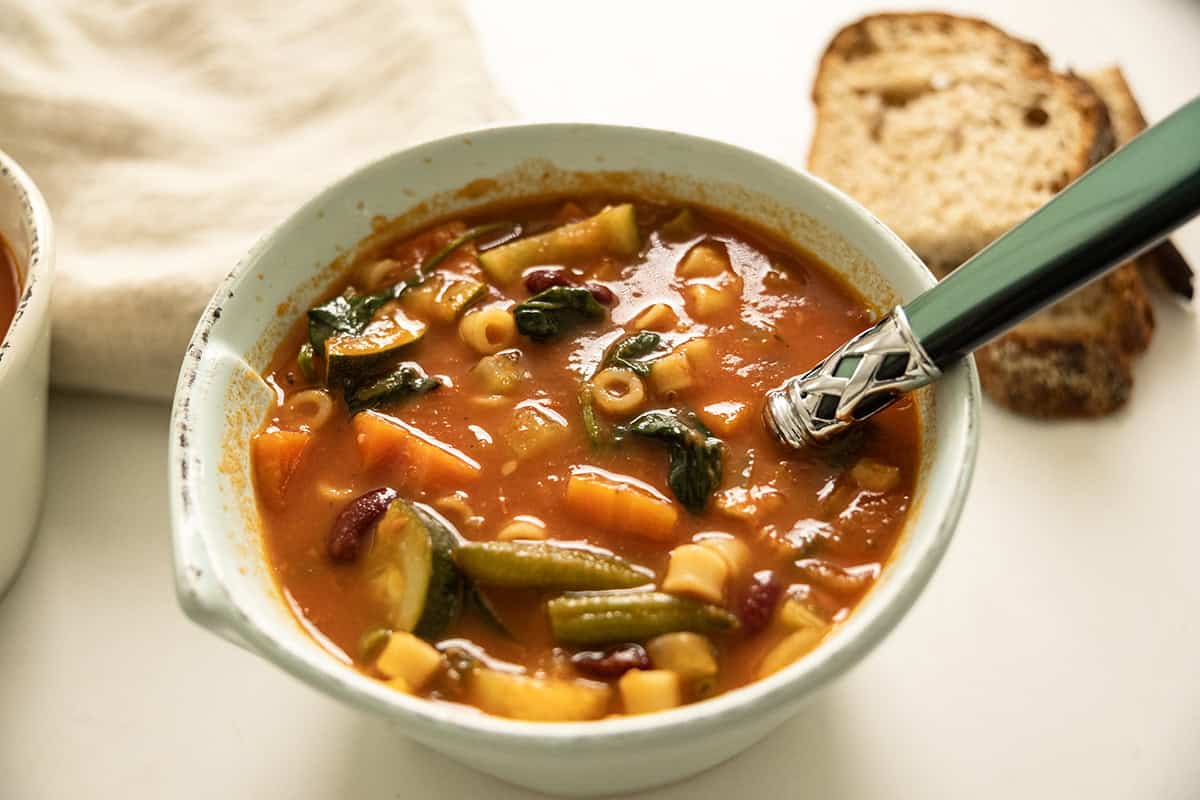 Minestrone soup in a bowl.