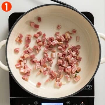 Frying pancetta in a pan.