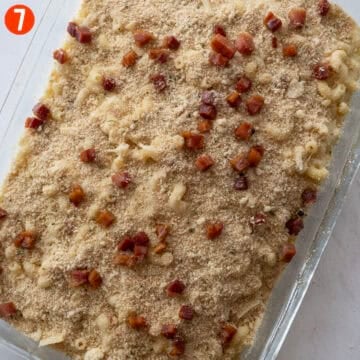 Topping creamy mac and cheese with breadcrumbs and pancetta.