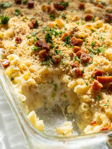 Close up of cross section of baked mac and cheese