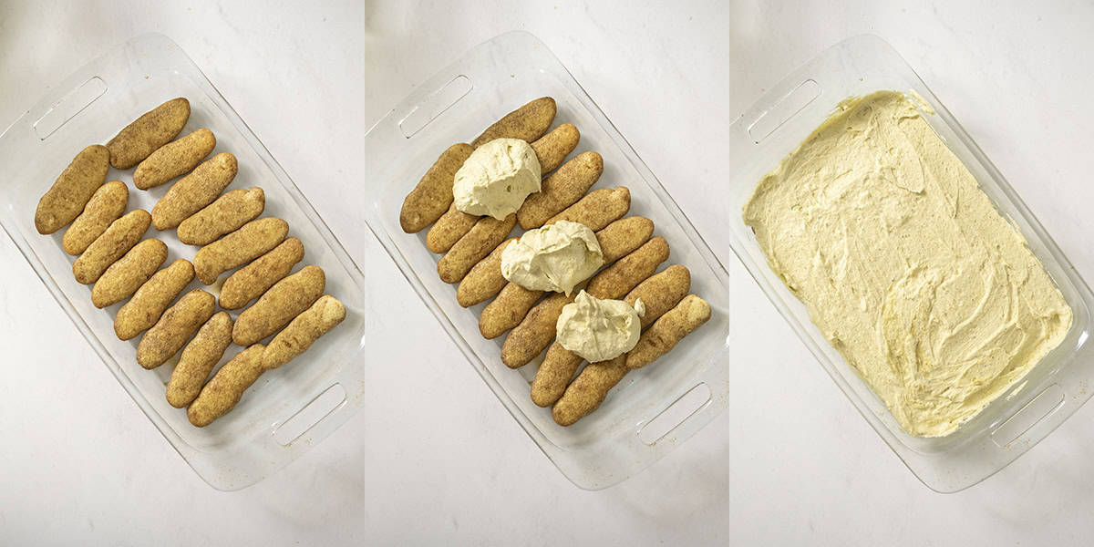 Layering ladyfingers with a layer of pistachio cream on top in a glass baking dish.