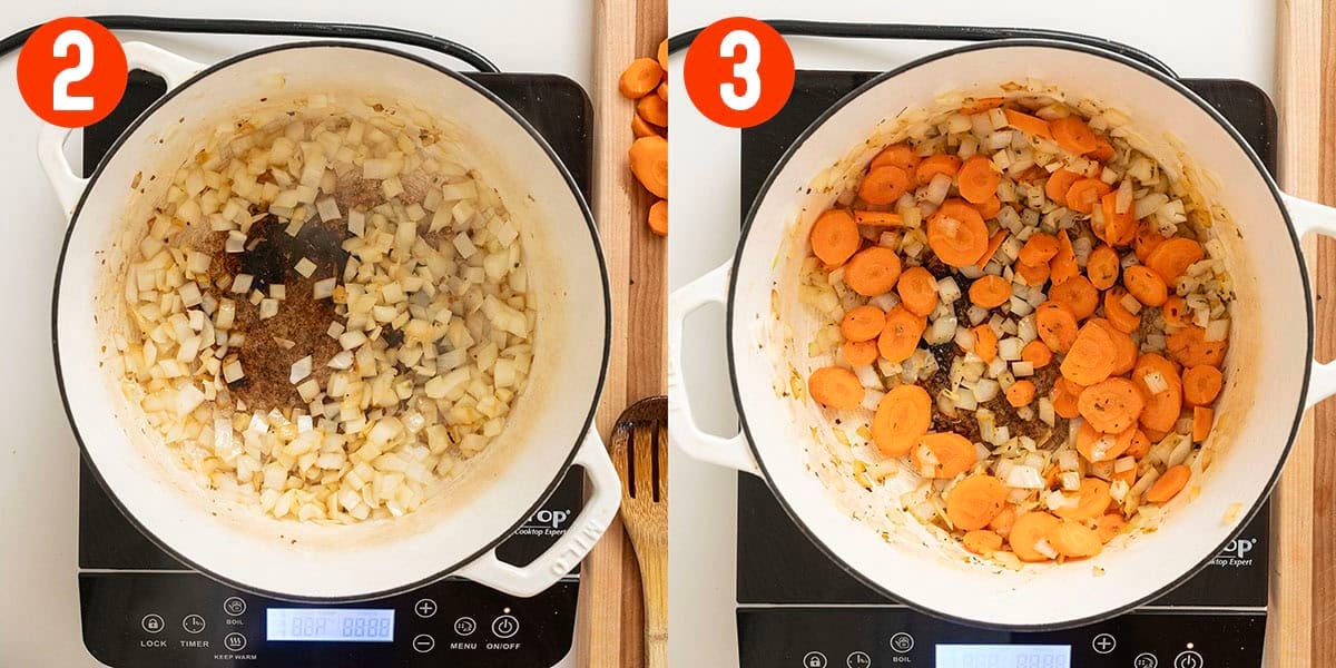 Sauteing carrots and onions in the pot.