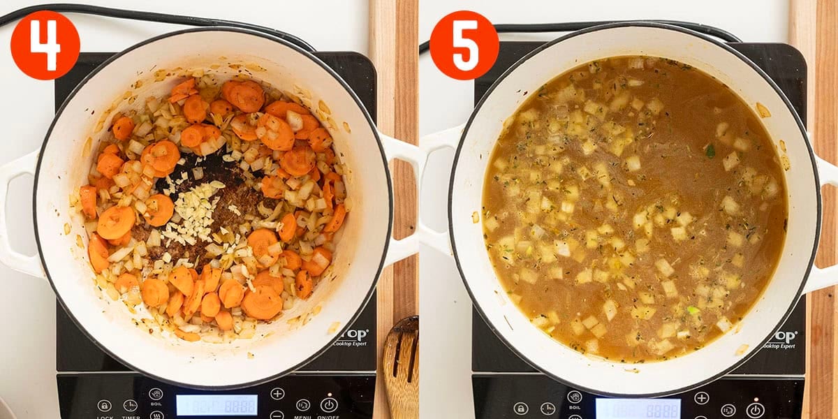 Stock added to the dutch oven.