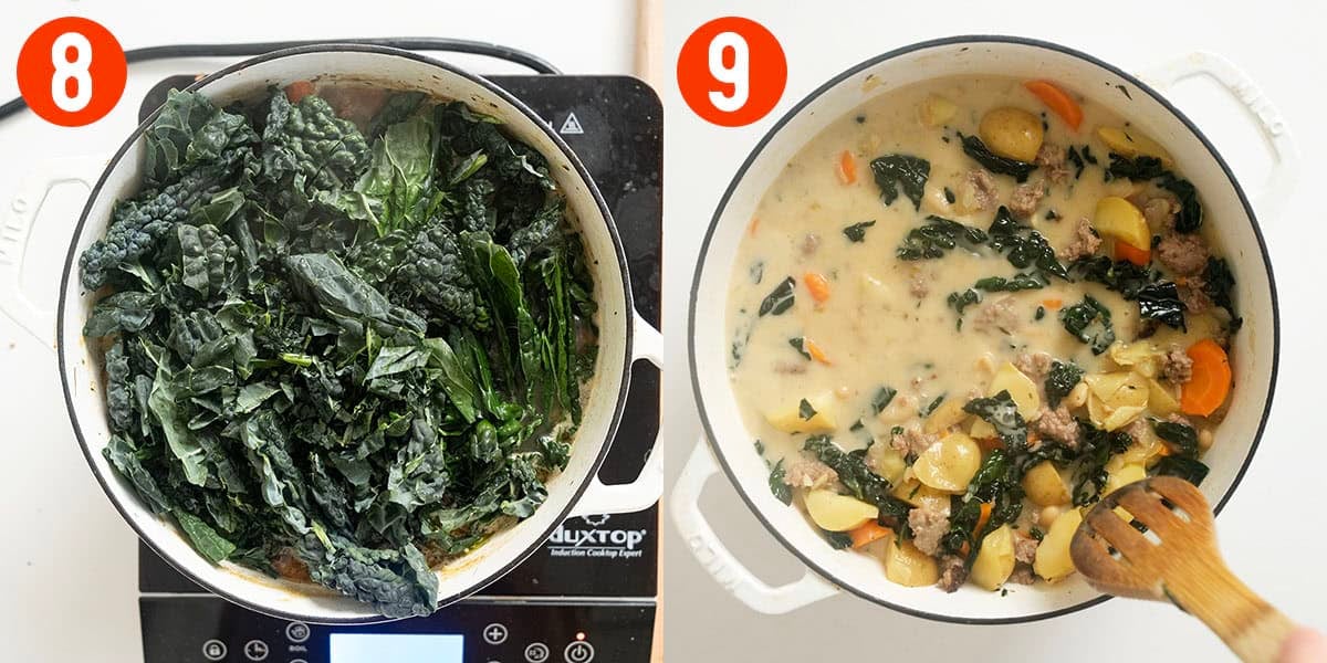 Wilting kale and adding the cream to the soup.