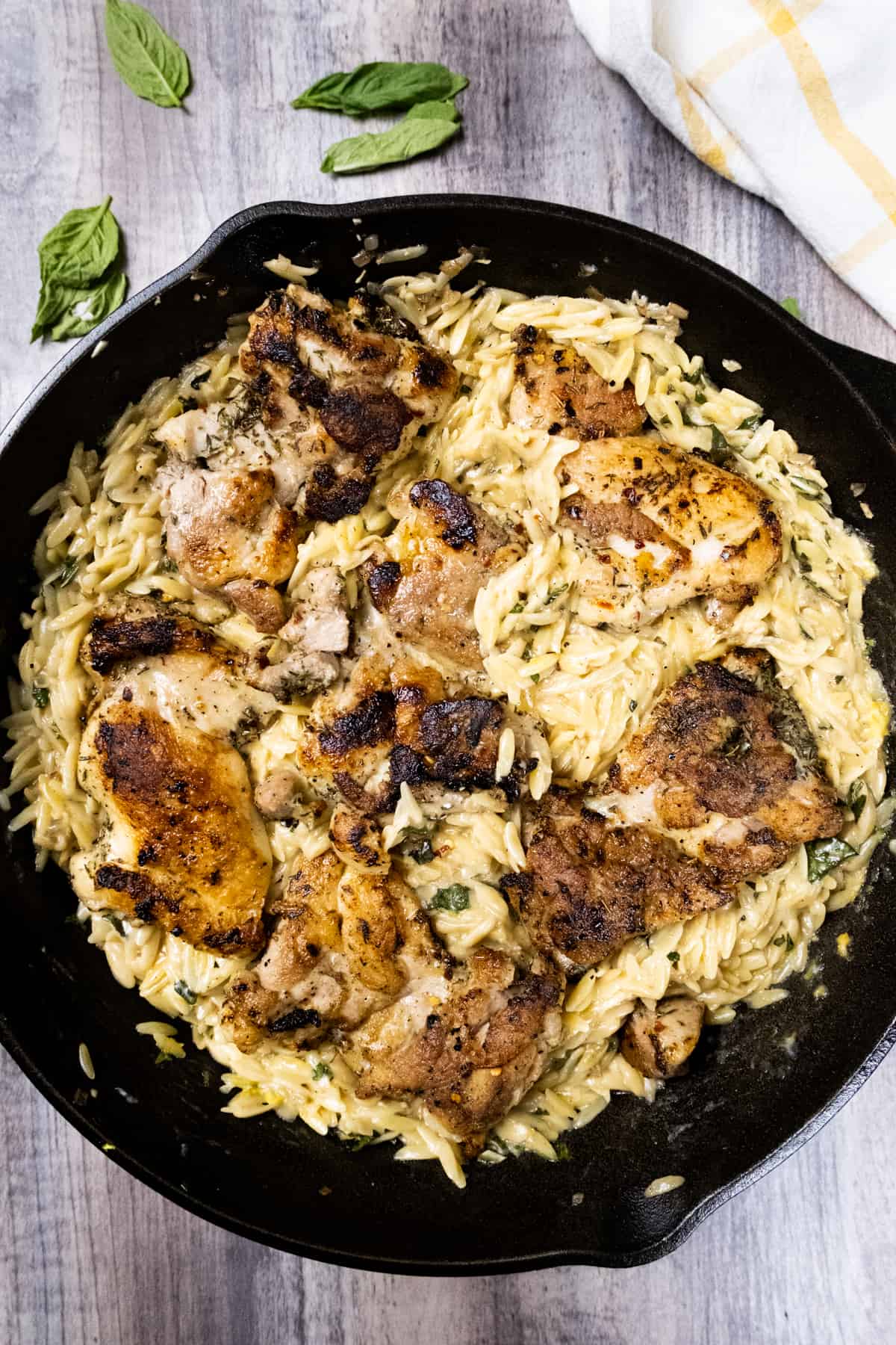 one pan chicken thighs with lemony basil orzo