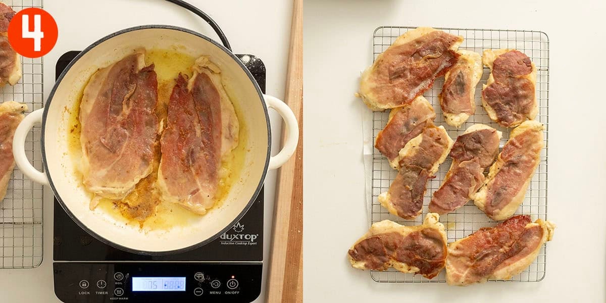 Frying chicken in olive oil and transferring to a cooling rack.