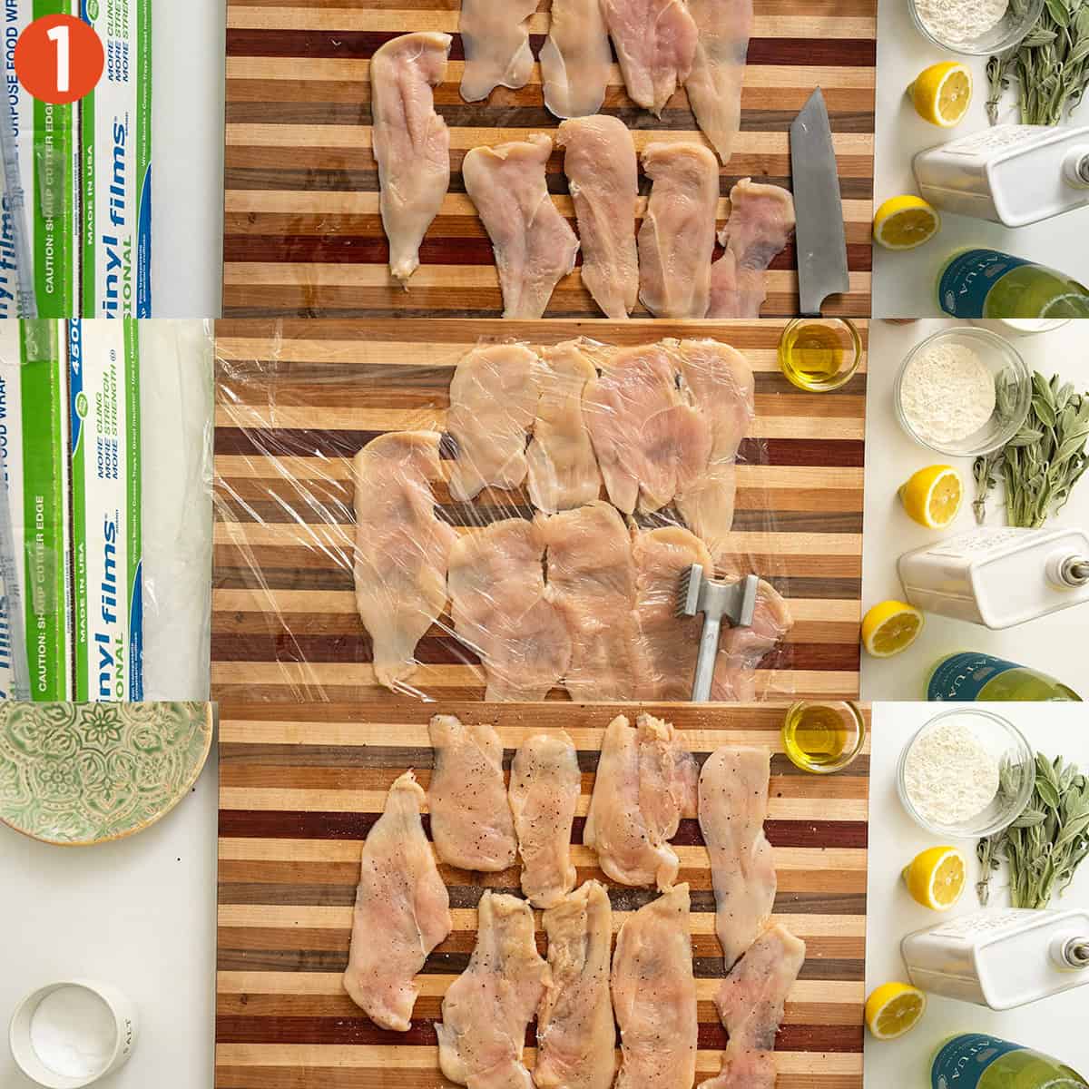 Prepping chicken breast for saltimbocca.