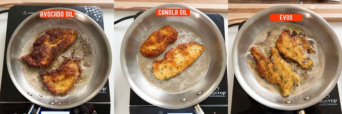 Cutlets frying in different oils.