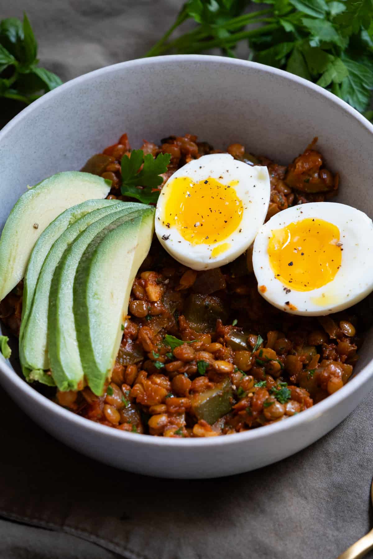 eggs and lentils with avocado for breakfast