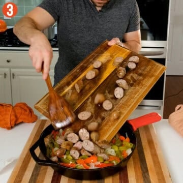 Combining sausage with peppers.