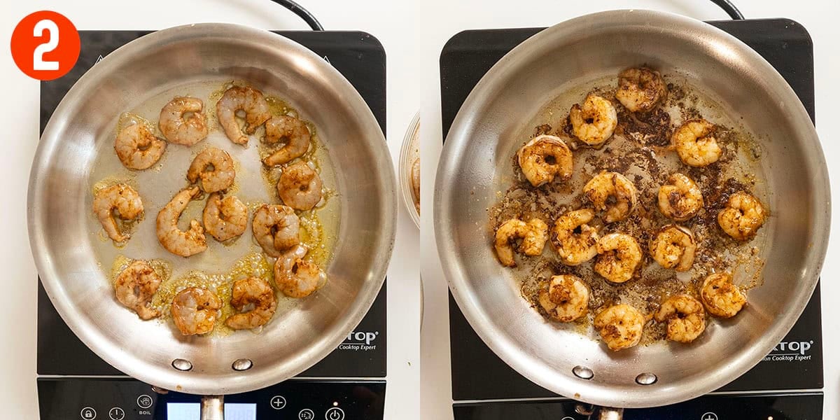 Searing shrimp in a saucepan.
