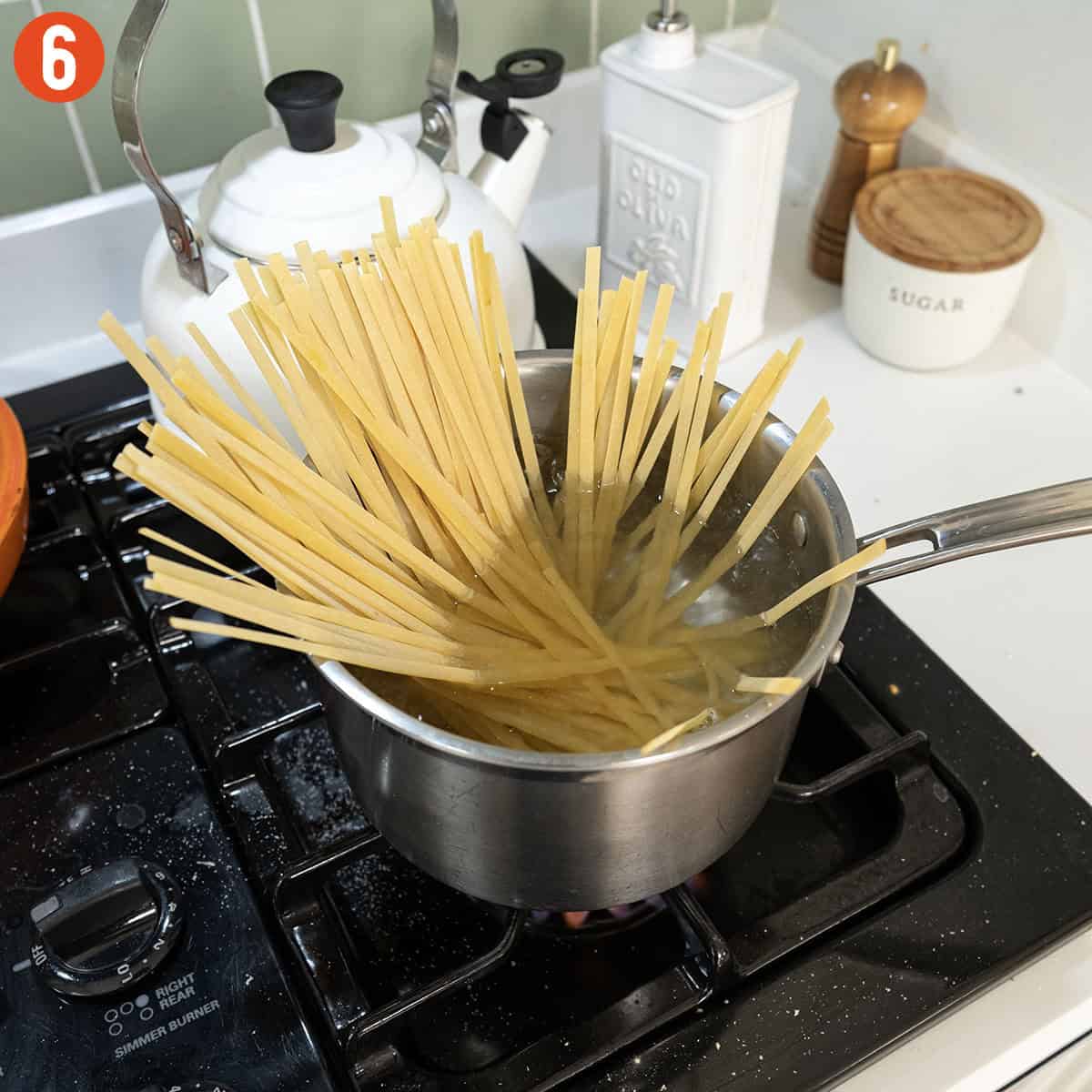 Boiling pasta in a pot.
