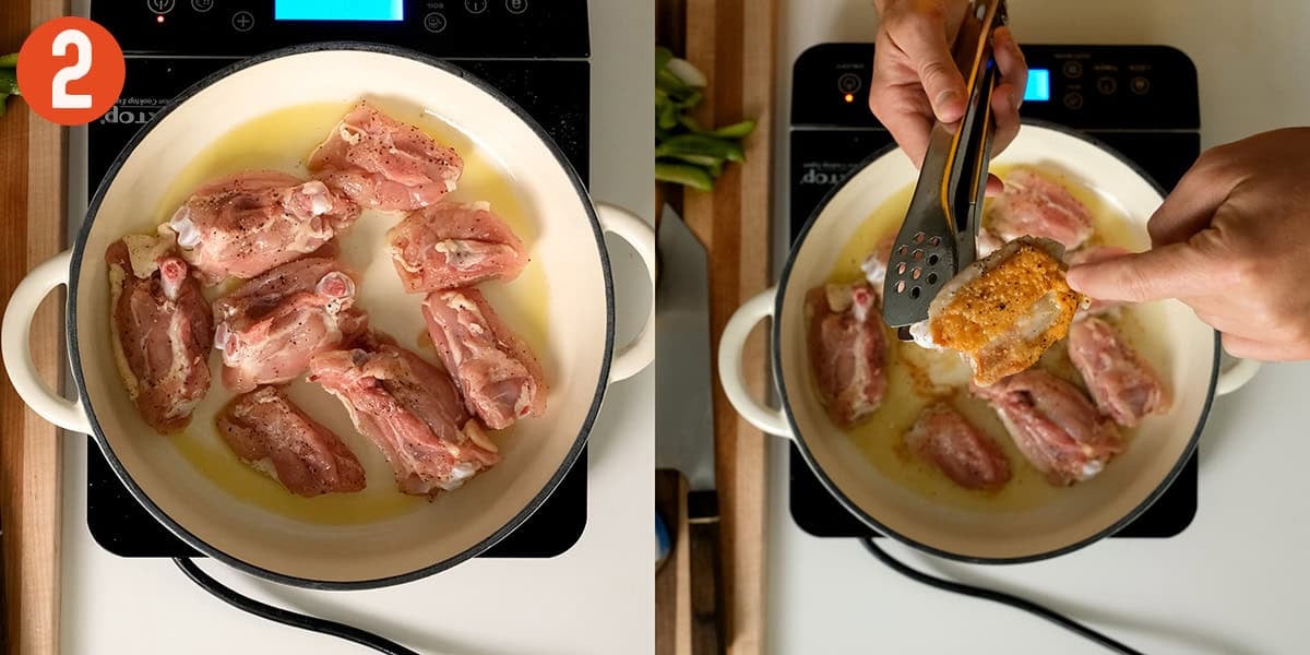 Searing split chicken thighs.