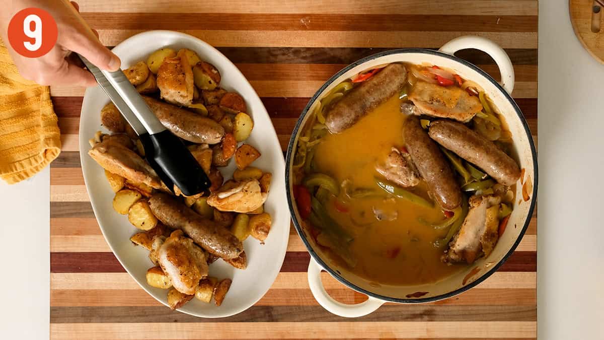 Serving chicken scarpariello over potatoes.