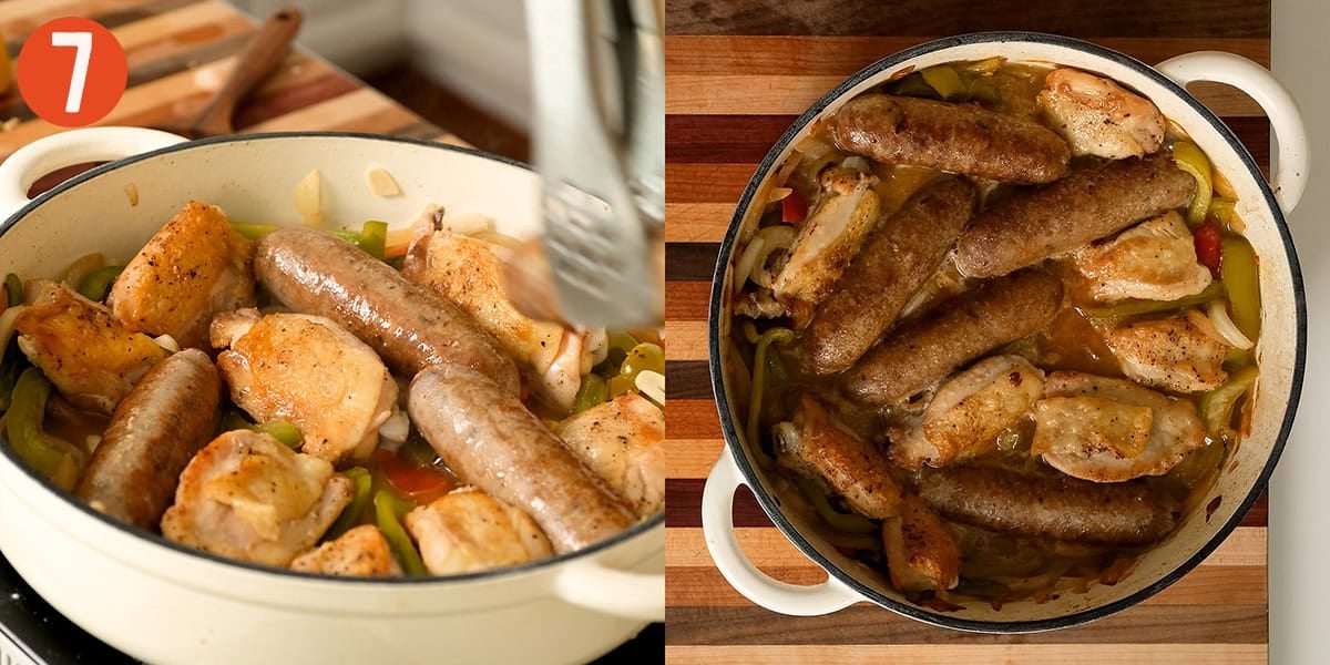 Braising chicken thighs and sausage in dutch oven.
