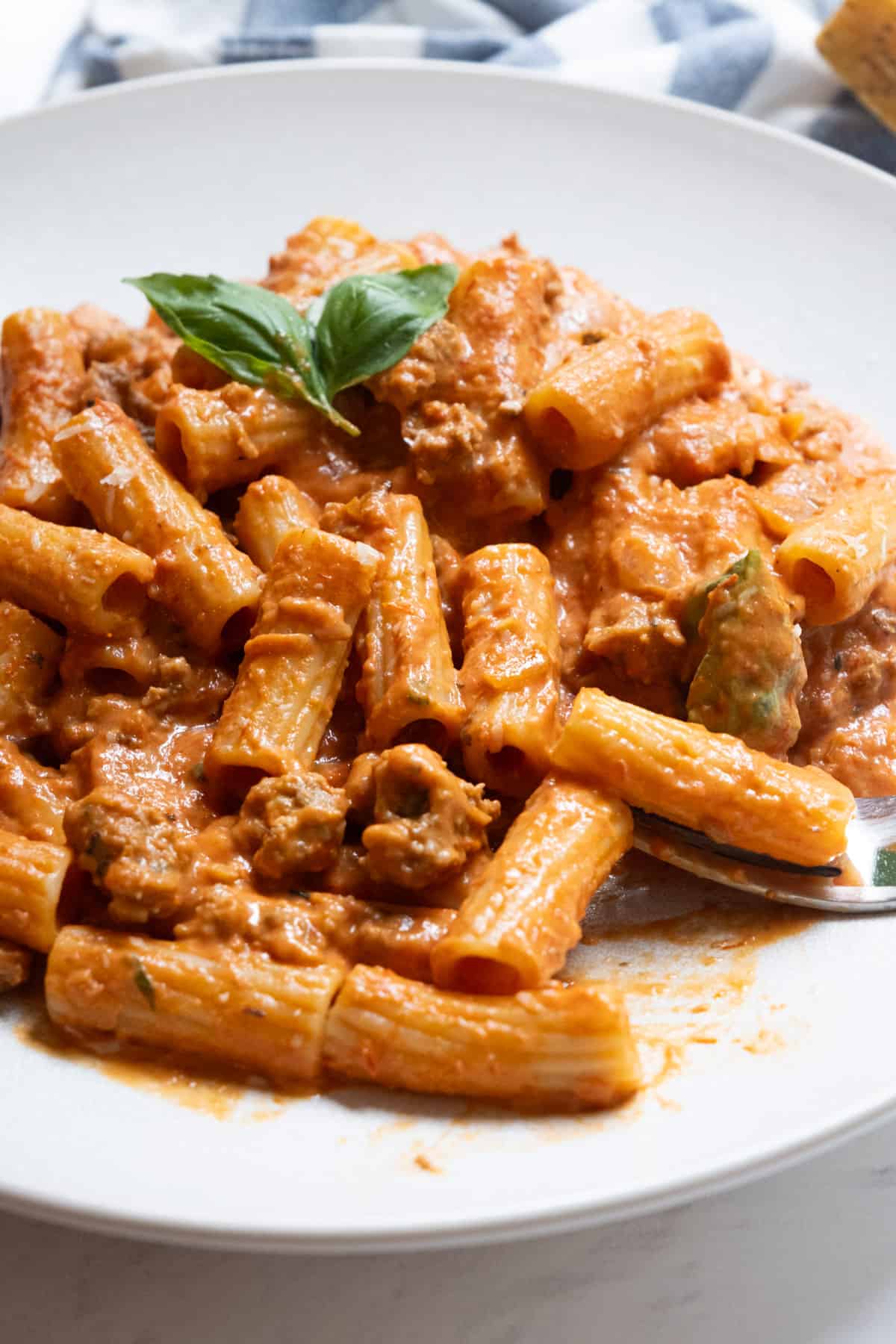 italian pink sauce with sausage served with rigatoni and topped with parmesan and basil