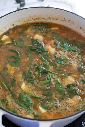 spinach wilted in the lentil soup