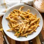 Pesto trapanese with busiate pasta in a bowl.