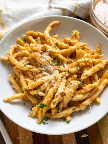 Pesto trapanese with busiate pasta in a bowl.