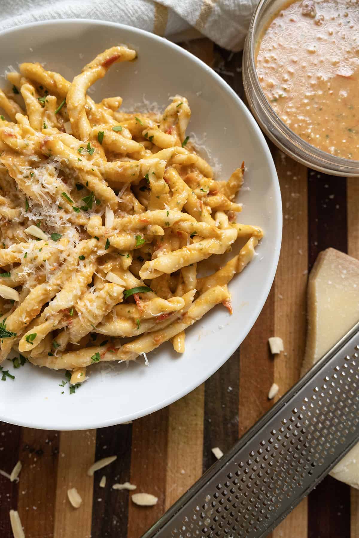 Pesto trapanese with busiate pasta in a bowl.