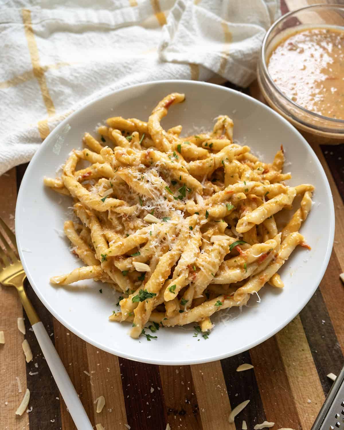 Pesto trapanese with busiate pasta in a bowl.