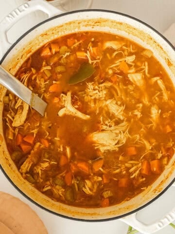 Chicken farro soup in a dutch oven.