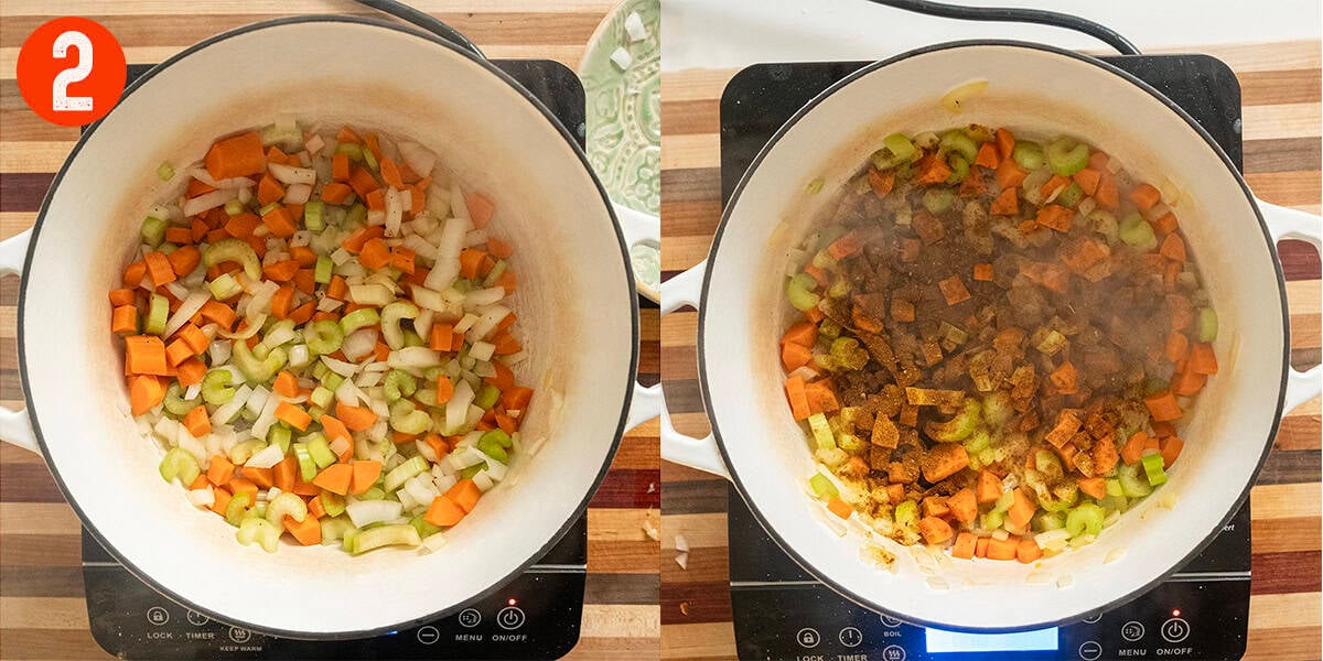 Sauteing vegetables in dutch oven and seasoning.
