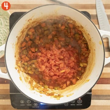 Simmering diced tomatoes with vegetables in the dutch oven.