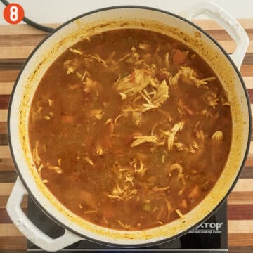 Shredded chicken breast returned to the soup.