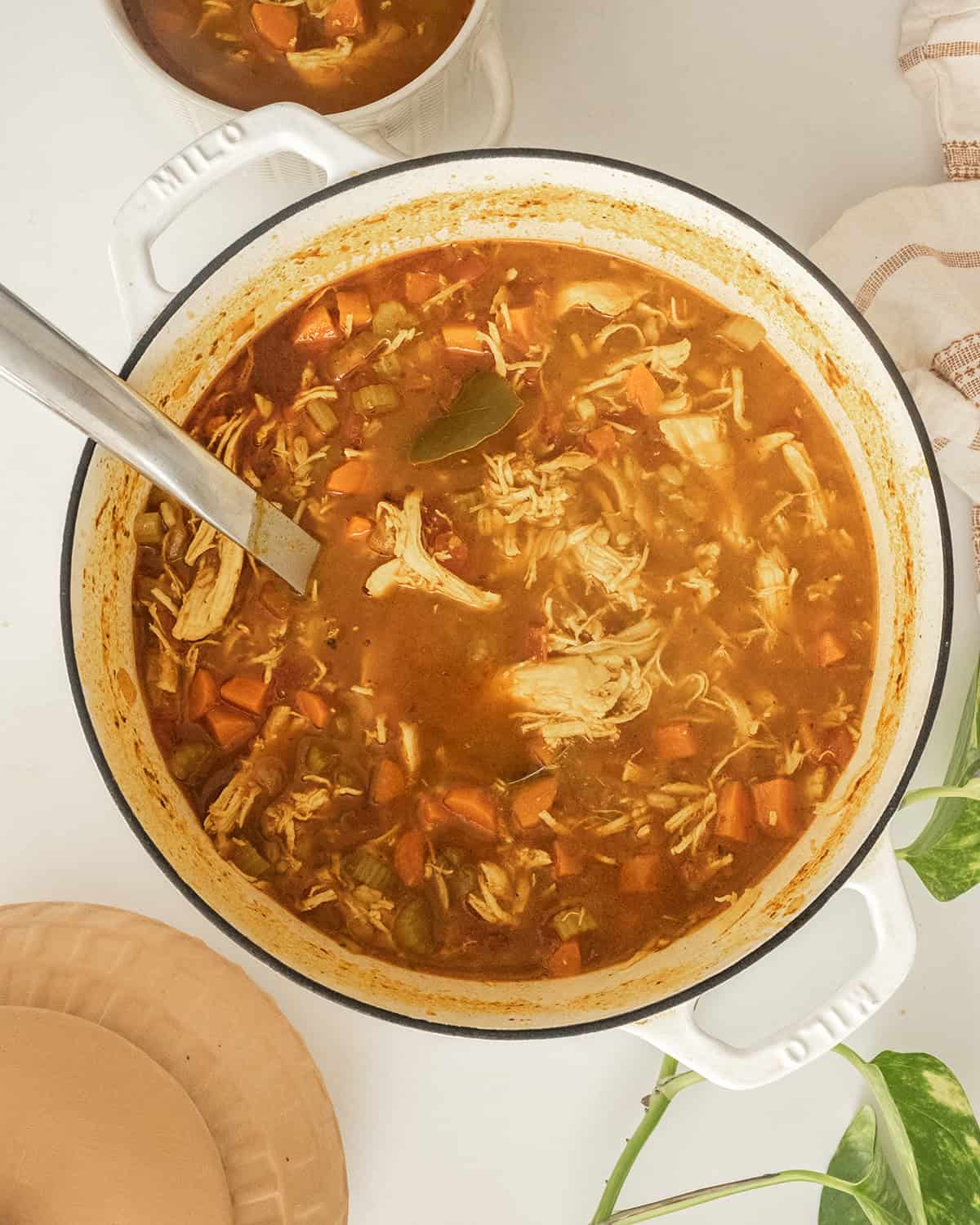 Chicken farro soup in a dutch oven. 