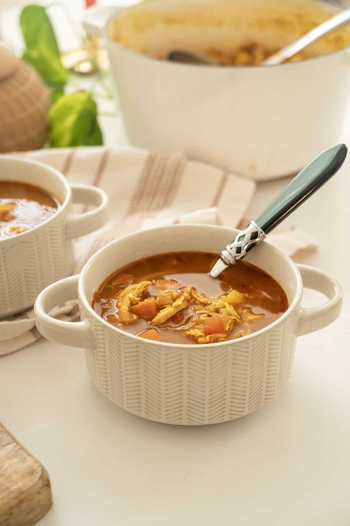 Chicken farro soup served in a bowl.