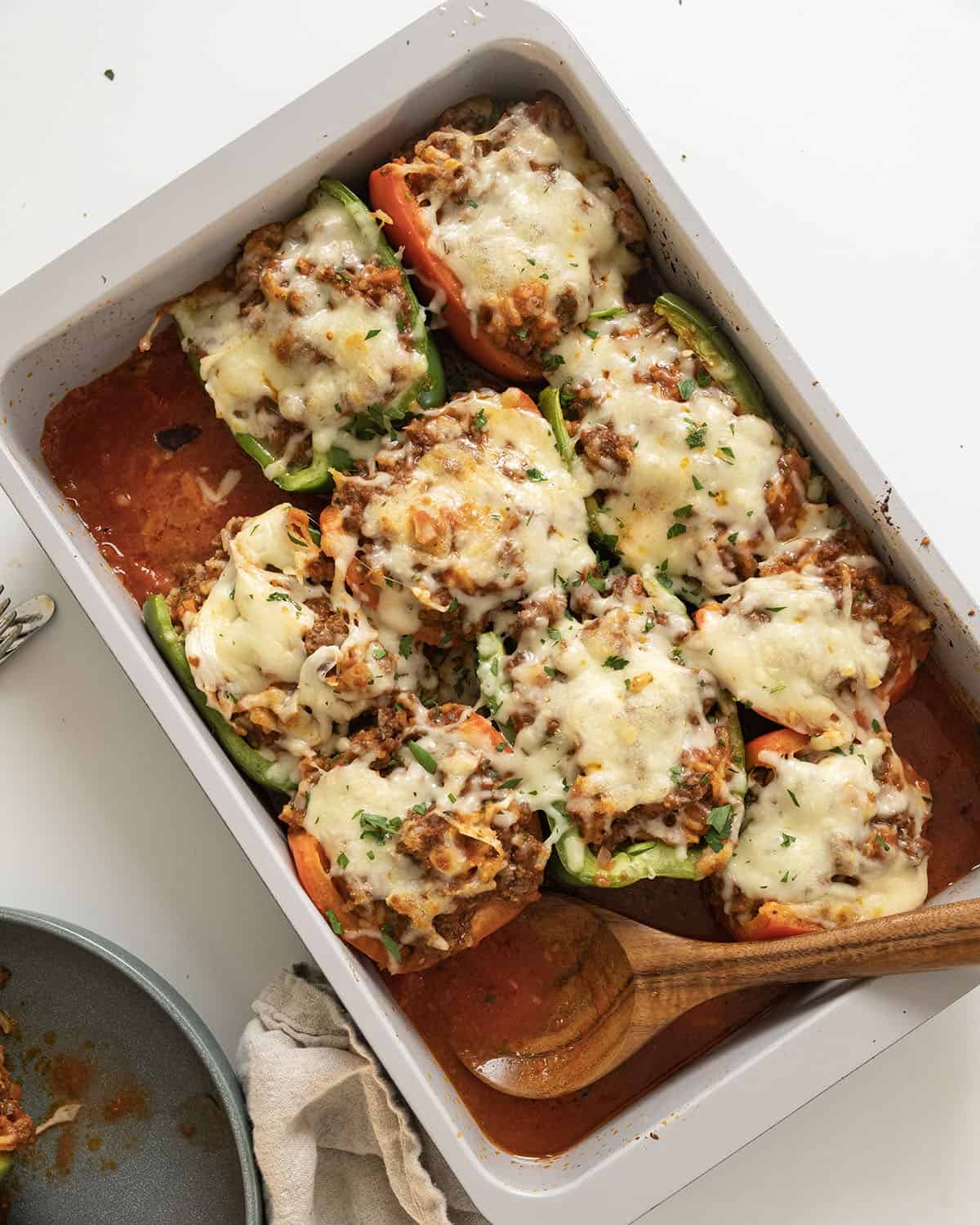 Italian stuffed peppers in tomato sauce. 