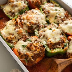 Italian stuffed peppers in tomato sauce.