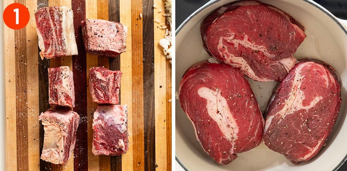 Seasoning short ribs with salt and pepper.