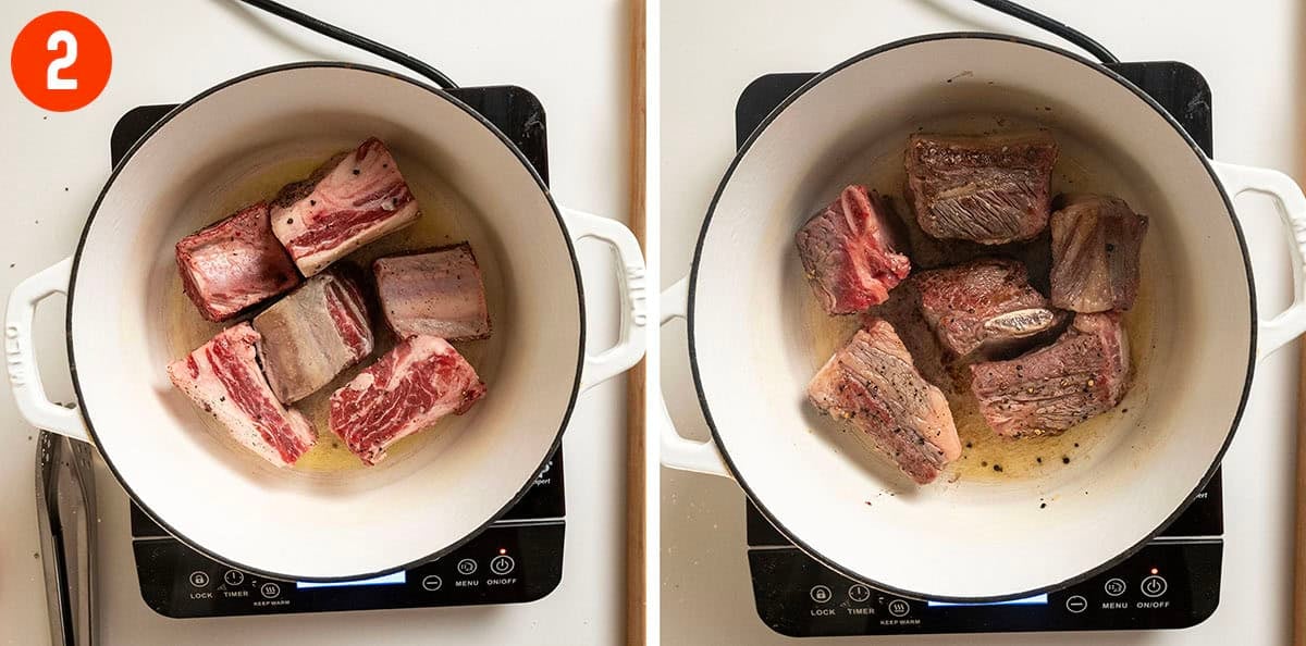 Searing short ribs until golden brown.
