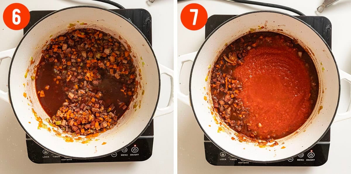 Simmering red wine and crushed tomatoes.