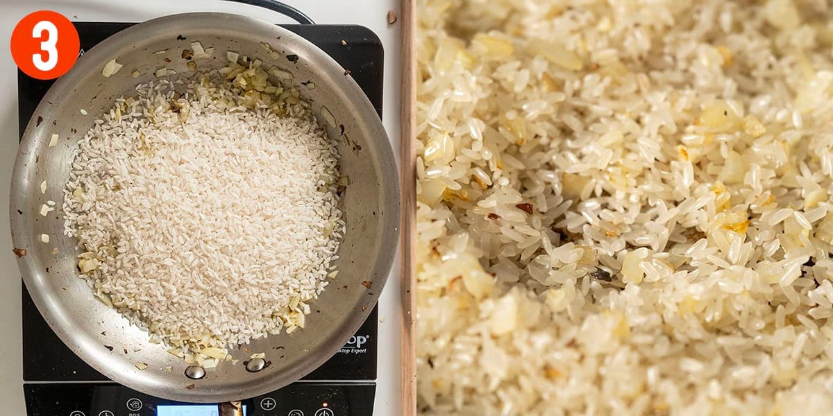 Toasting rice in the pan.