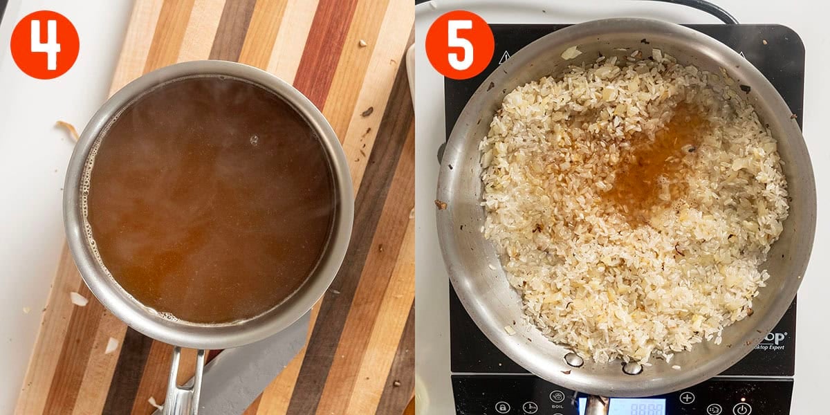 Heating chicken stock and adding to pan with risotto.